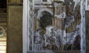 Mantegna, St. James Led to his Execution, Ovetari Chapel cycle frescoes, 1447–58, Church of the Eremitani (Padua, Italy) reconstructed with photographs, original fragments, and inpainting after American bombs hit the church on March 11, 1944
