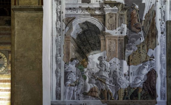 Mantegna, St. James Led to his Execution, Ovetari Chapel cycle frescoes, 1447–58, Church of the Eremitani (Padua, Italy) reconstructed with photographs, original fragments, and inpainting after American bombs hit the church on March 11, 1944