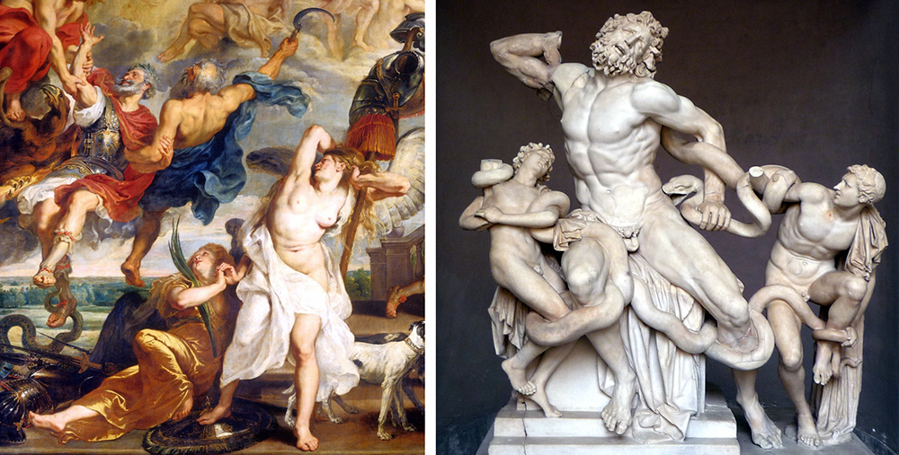Left: Peter Paul Rubens, The Apotheosis of Henry IV and the Proclamation of the Regency of Marie de’ Médici, detail of Henry IV and Bellona, c. 1622-1625, oil on canvas, 394 x 727 cm (Musée du Louvre, Paris); Right: Athanadoros, Hagesandros, and Polydoros of Rhodes, Laocoön and his Sons, early first century C.E., marble, 7’10 1/2″ high (Vatican Museums)