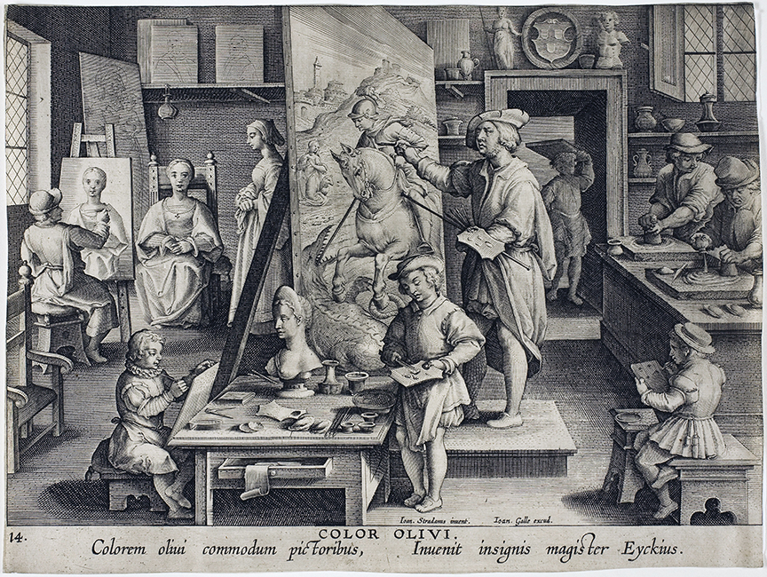 Théodoor Galle after Joannes Stradanus, The Invention of Oil Painting, c. 1591, engraving on paper, 20.3 × 27 cm (Art Institute of Chicago)