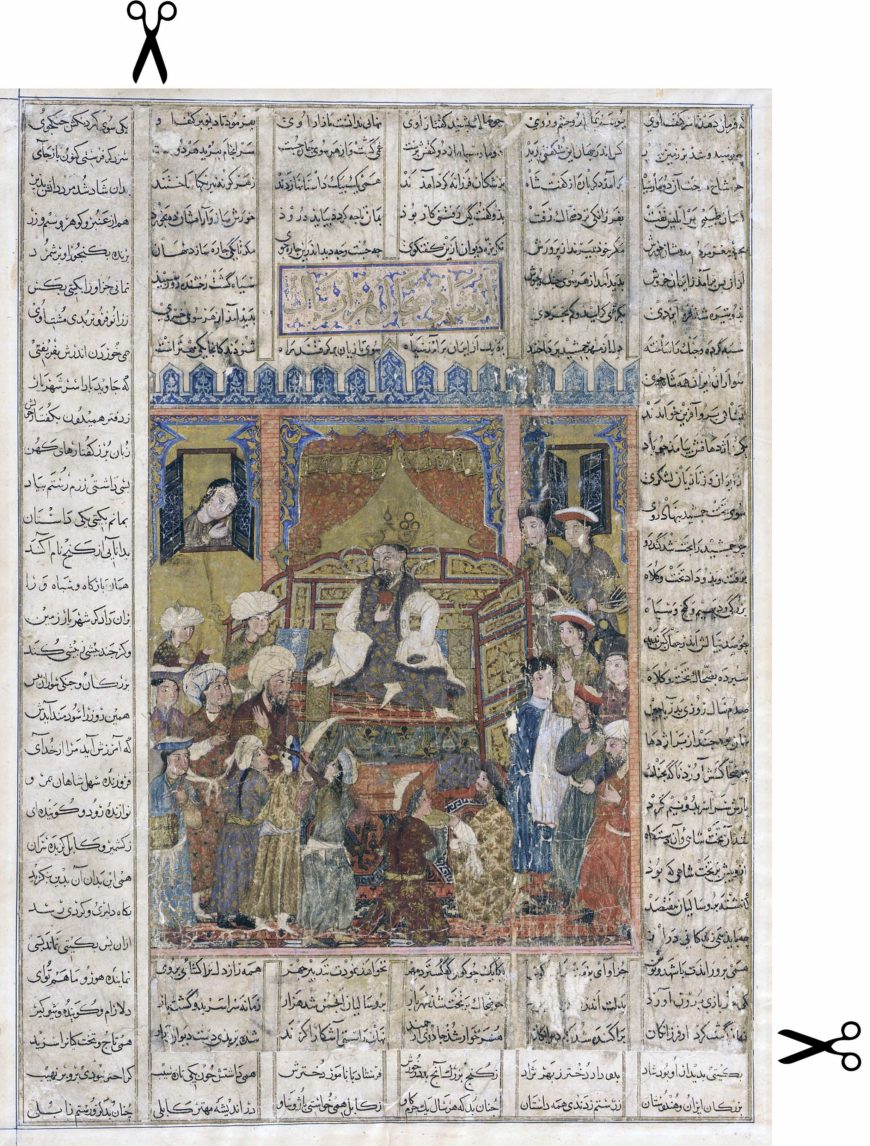 A page from the Great Mongol Shahnama that has been abraded while being split from the original reverse side of the folio. It is now pasted into a page with text from another part of the epic. It was purchased from Demotte, Inc in 1923. “Zahhak Enthroned,” from the Great Mongol Shahnama, c. 1330–40 (Il-Khanid dynasty, Tabriz, Iran), ink, opaque watercolor, and gold on paper, 24.3 x 19.7 cm (Freer Gallery of Art, F1923.5)