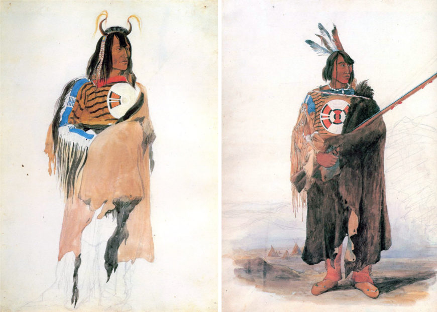 Two Assiniboine men. Left: Karl Bodmer, partially completed portrait of Noapeh (Troop of Soldiers), 1833, watercolor; right: Karl Bodmer, An unidentified Assiniboine man, 1833, watercolor.