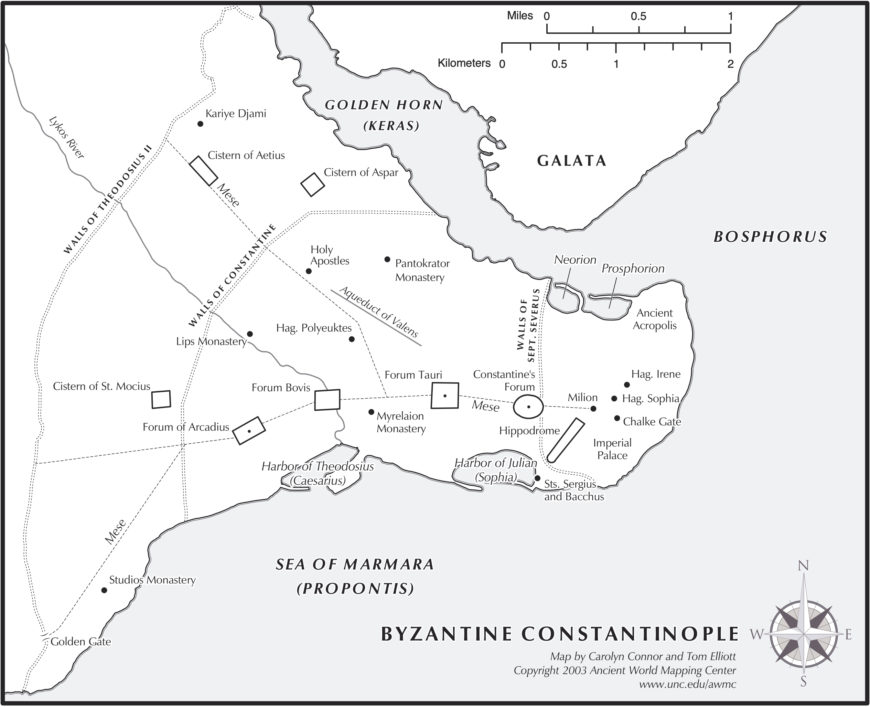 Constantinople (map: Carolyn Connor and Tom Elliot, <a href="http://awmc.unc.edu/wordpress/free-maps/byzantine-constantinople/" target="_blank" rel="noopener">Ancient World Mapping Center</a>, CC BY-NC 3.0)