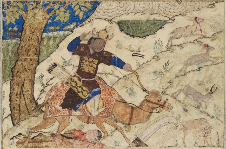 Folio from the Great Mongol Shahnama with “Bahram Gur Hunting with Azada.” By 1931, Georges Demotte had sold this folio from the Great Mongol Shahnama, photographed bound in the manuscript in Tehran in the nineteenth century (fig. 3), to Edward W. Forbes, director of the Fogg Museum at Harvard University. (Harvard University 1957.193)