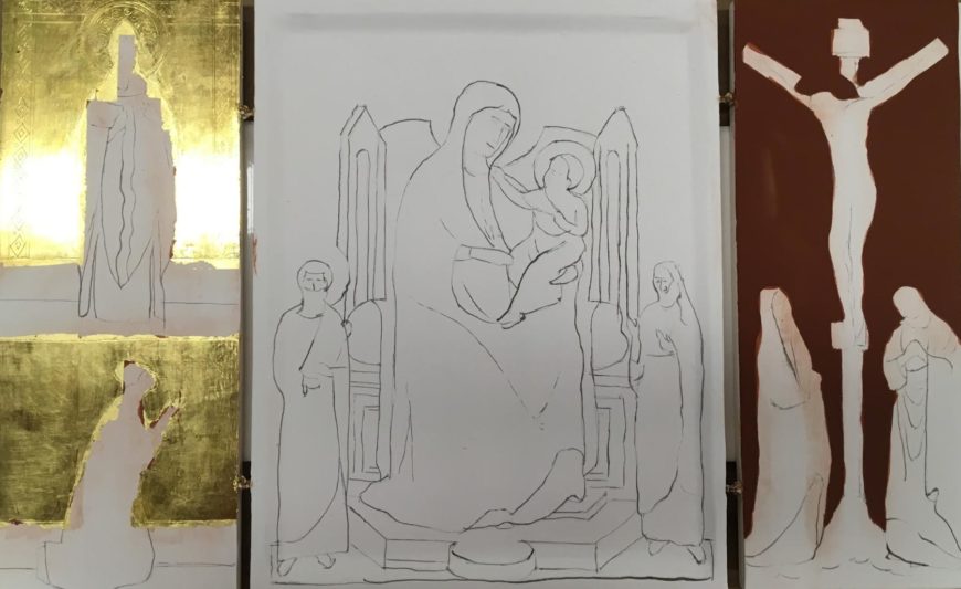The reconstruction at three stages: with the drawing (center panel), with the bole (right), and after gilding (left)