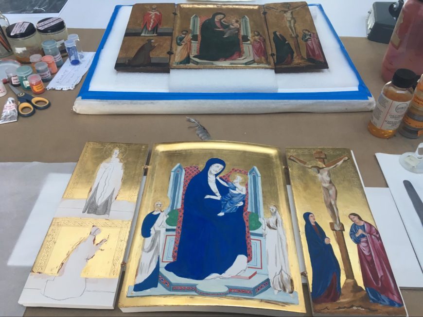 Painting the triptych with traditional pigments while looking at the original in the background as a guide for the choice of pigments and their application