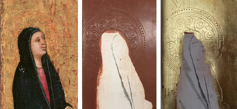 Detail of the halo of Mary on the Crucifixion panel (left) in the original; detail of halo incised in bole (center) and halo after gilding (right) in the reconstruction