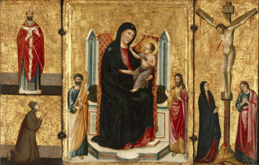 Seguidor de Seguidor de Duccio, Virgen y Niño con Santos y la Crucifixión, c. 1300-1325, témpera sobre panel de madera, 26.4 x 42.5 cm (Memphis Brooks Museum of Art)