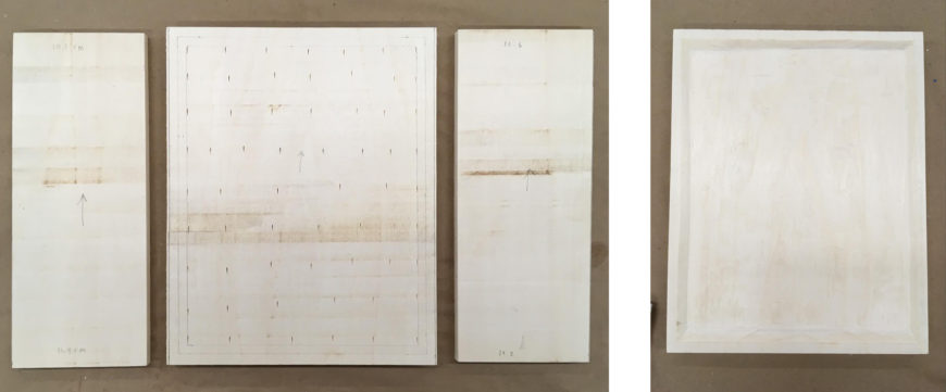 Shaping the three poplar panels for reconstruction (left) and central panel with the carved-out frame (right)