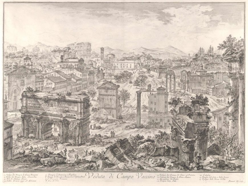 Giovanni Battista Piranesi, Vaccino, from the capitol, with the Arch of Septimus Severus in the foreground left, Temple of Vespian right, and the Colosseum in the distance (Veduta di Campo Vaccino), c. 1775, etching (The Metropolitan Museum of Art)