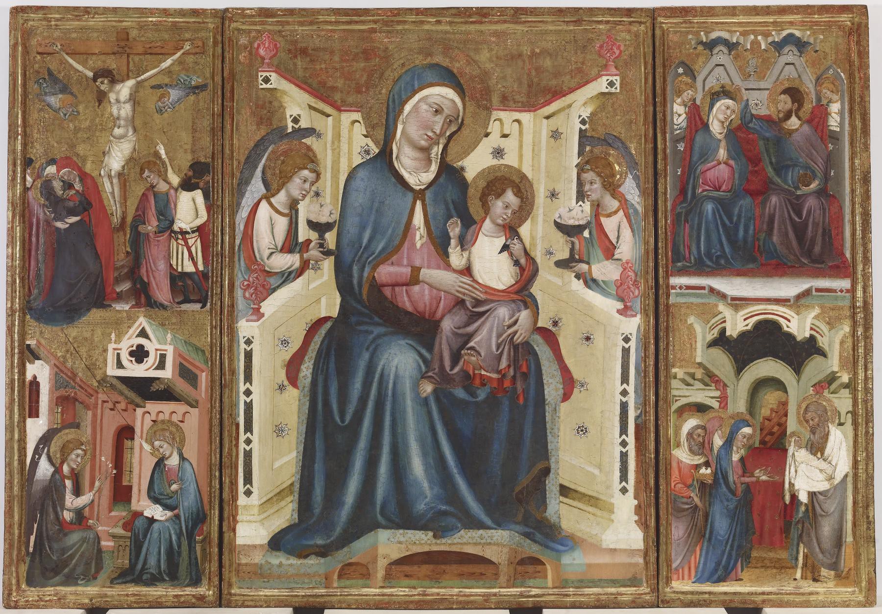 Circle of Ferrer Bassa, Virgin and Child, with the Crucifixion and the Annunciation, and the Coronation of the Virgin and the Presentation in the Temple, c. 1340–48, tempera and gold leaf on panel, 127.6 x 184 x 4 cm (The Walters Art Museum)