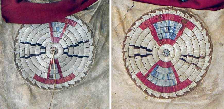 Detail of the front and back rosettes, quilled war shirt, c. 1800-1820. Native tanned hide, porcupine quills, red trade cloth, dyes, and sinew. 34 x 43 in. (Denver Art Museum)