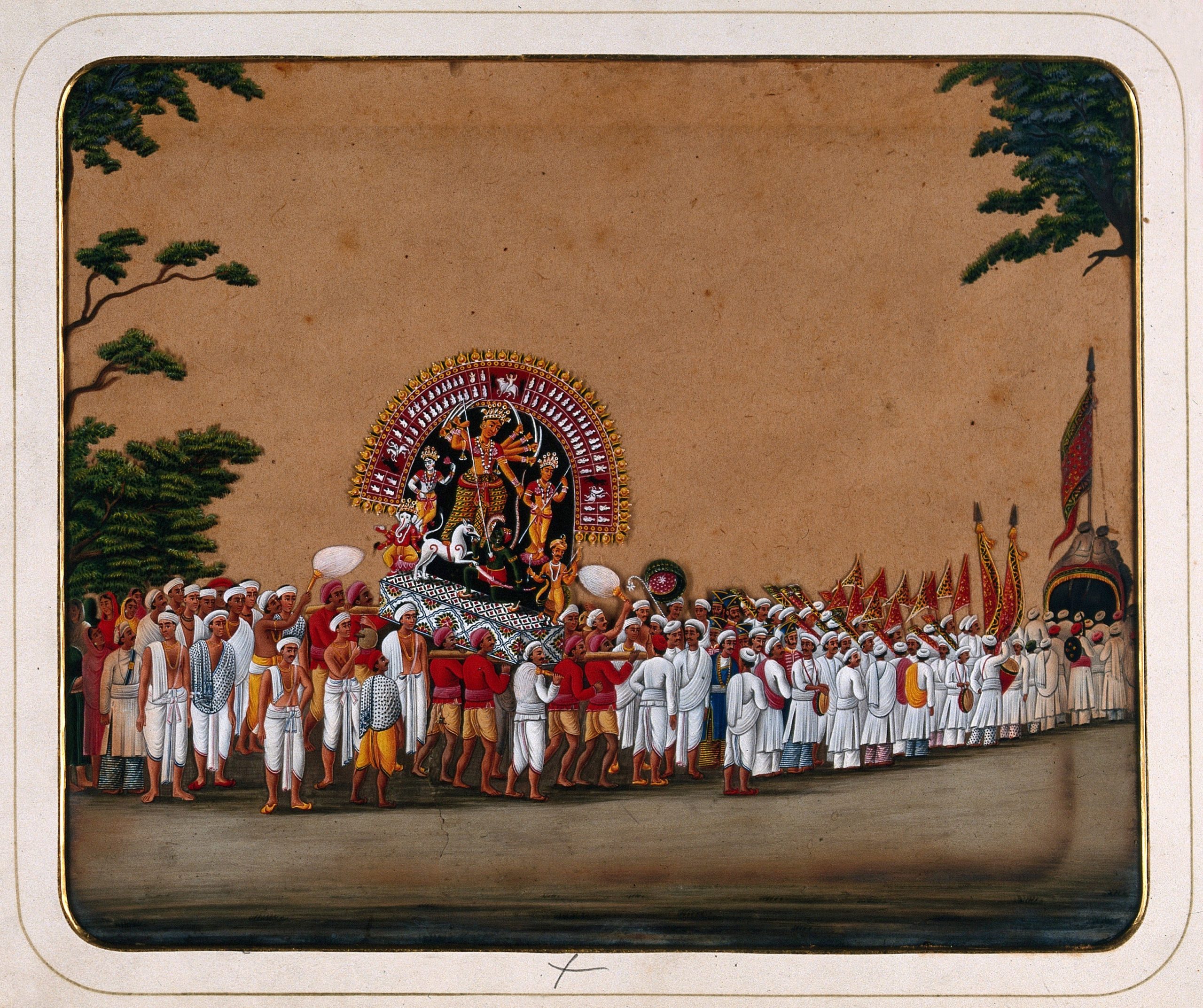 Durga Puja: a procession carrying an idol of Durga to honour her victory over evil, 19th century in A Collection of Indian costumes, types and occupations, gouache on mica (Wellcome Library, CC BY 4.0)