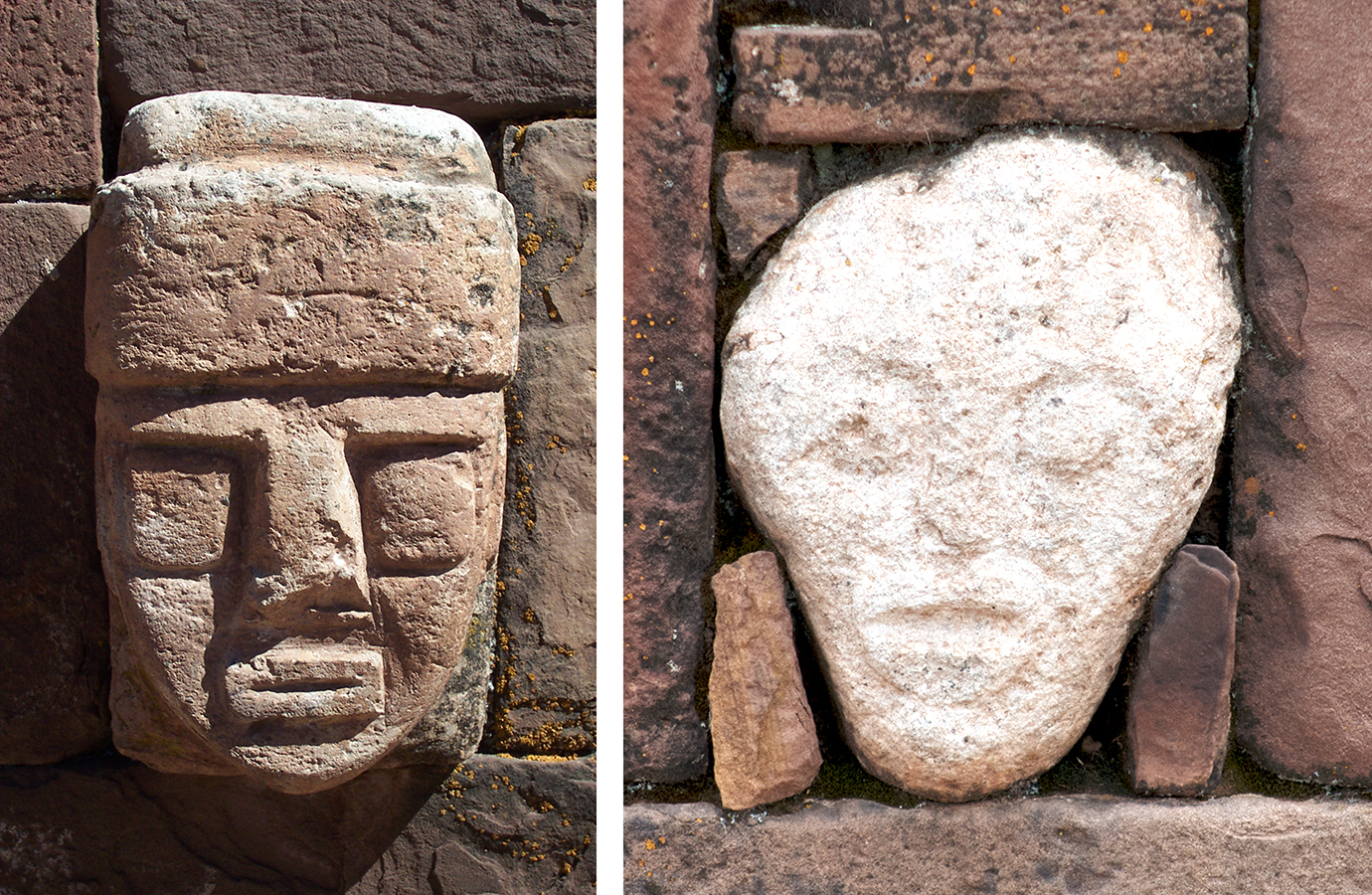 Left: Common style of tenon head, Semi-subterranean Court, Tiwanaku, Bolivia (photo: THEOW, CC BY-NC-ND 2.0); Right: Less common style of tenon head, Semi-subterranean Court, Tiwanaku, Bolivia (photo: Kevin Jones, CC BY 2.0)