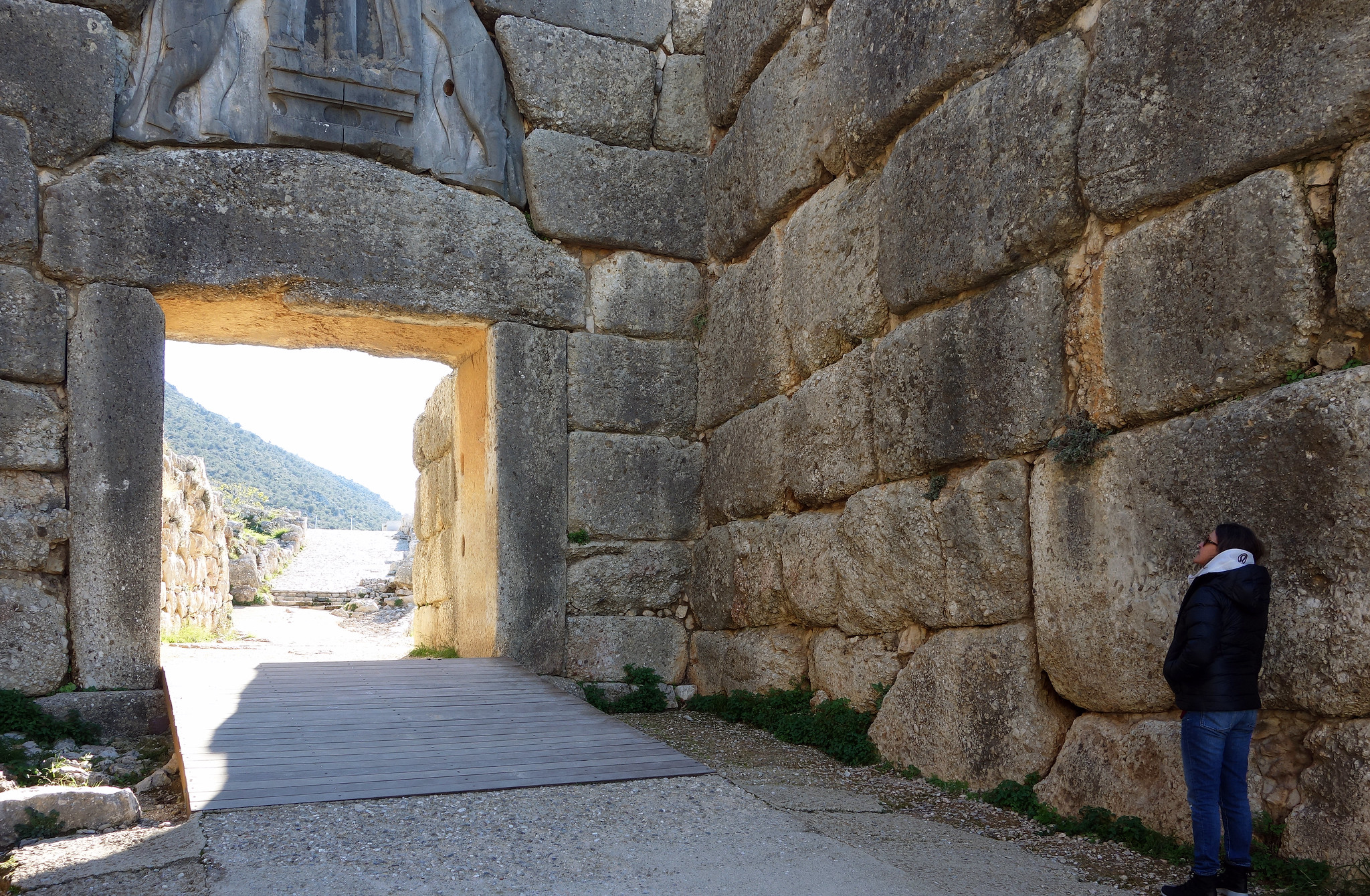 [caption id="attachment_51043" align="aligncenter" width="870"] Looking past the "Palace" to the sea, Mycenae, Greece, c. 1600-1100 B.C.E.[/caption] The ancient citadel (fortified city) at Mycenae (in southern Greece) is located on top of an isolated hill, and provides truly spectacular views of the surrounding area, making it an ideal location for defensive purposes. Mycenaean culture dominated southern Greece, but is perhaps best known for the site of Mycenae itself,  which includes this hilltop citadel (which included a palace), and nearby, different forms of tombs and other structures. Mycenaean culture firmly establishes itself in the late Bronze Age, specifically, around 1600 B.C.E. [caption id="attachment_27867" align="aligncenter" width="1002"] The “Palace” and Grave Circle A, Mycenae, c. 1600–1100 B.C.E.[/caption] At around 1600 B.C.E.—seemingly out of nowhere—the shaft graves at the site of Mycenae are built.  These are two circular walled plots of graves, built some 50 years apart, close to the fortification wall of the citadel.  Archaeologists named these "Grave Circle A" and "Grave Circle B." Grave Circle B is earlier than A (but A was discovered first) and contained some 14 [simple_tooltip content='A shaft grave is a deep rectangular shaft  that leads down to a stone-walled chamber']shaft graves[/simple_tooltip] with 24 burials; Grave Circle A held 6 shaft graves with 19 burials.  These burials contained men, women and children, which recent DNA analysis has shown were related to one another.  [caption id="attachment_31734" align="aligncenter" width="870"] Mask of Agamemnon, from shaft grave V, grave circle A, Mycenae c.1550-1500 B.C.E., gold, 12″ / 35 cm (National Archaeological Museum, Athens)[/caption] More importantly, along with the burials was discovered one of the largest deposits of precious metals, especially gold (including the “Mask of Agamemnon”), ever found in ancient Greece. An even wealthier single shaft grave has been recently discovered near the Mycenaean palace at Pylos. The wealth of the shaft graves is shocking, a huge change from the earlier rather modest remains of Bronze Age mainland Greece and initiates an era of Mycenaean activity and power which stretches across most of the region. The focus sites of this era are Mycenaean palaces which all have several aspects in common: a central megaron or throne room with a large hearth which is adjacent to an open court, commanding views of an agricultural plane, colorful often figural wall painting, and associations with grand burial structures such as tholoi.  These types of sites can be found not only at Mycenae but Tiryns, Iolkos, Orchomenos, Gla, Pylos, Thebes, and on the acropolis at Athens.  Written and visual records [caption id="attachment_51048" align="alignleft" width="255"] Pictorial Style bowl (krater), Mycenaean, c. 1375 B.C.E., 41 cm high (The British Museum)[/caption] We know a lot about the Mycenaeans because they left written records which can be read. They wrote in a script called Linear B (related to the early Minoan Linear A) which recorded an early form of the Classical Greek language. At the sites of Mycenae, Pylos, Tiryns, and Thebes clay tablets inscribed in Linear B have been found describing a theocratic administration, very similar to the one described in the Linear B tablets found at Knossos on Crete. A Wanax (the central figure of authority in Mycenaean society) presided over a complex religious and economic system which, at Pylos, was centered around a perfume oil and textile industry. At that time there was regular contact and exchange between Mycenaean elite and the Pharaonic court in Egypt. Stirrup jars, the uniquely branded vessels of the wildly successful Mycenaean perfume oil trade, are found all over the Mediterranean basin. The design and decoration of Mycenaean pottery riffs off older Minoan styles in almost modernist abstractions and produces the first narrative pottery painting tradition in the ancient Greek world. [caption id="attachment_51046" align="aligncenter" width="430"] Amphoroid krater, Mycenaean, 1375BC-1300 B.C.E., 32 centimetres diameter (The British Museum)[/caption] The motif of armed combat, hand-to-hand (parry and thrust), was perfected by Mycenaean artists, and can be seen beautifully represented in the minute scale of gem engraving. [caption id="attachment_51045" align="aligncenter" width="870"] Two warriors in hand-to-hand combat, Pylos Combat Agate, discovered in a tomb near the Palace of Nestor in Pylos, c. 1450 B.C.E., 1.5 inches wide[/caption] At the same time, Mycenaean architects and engineers embraced a massive scale with huge hydraulic projects, far flung road works, and defensive walls so gigantic they never succumb to burial, remaining largely intact and providing the inspiration for mythological explication until the modern era.   Around 1200 B.C.E. nearly all major Mycenaean sites experienced massive destructions the cause of which is unclear. Many sites were quickly reinhabited but the elite areas, such as the spaces where it is believed the Wanax ruled, were not rebuilt. For the next 50 to 75 years, pottery production and even wall painting continues but becomes less fine and increasingly regional, eventually ceasing all together. Burial practice changes as well, from shaft graves to small individual cist graves containing cremated remains. By 1050 B.C.E., at the end of the Bronze Age, the Greek world, the Cycladic islands, Crete, and the Mainland, has only memories left of the once wealthy and far reaching polities which had ruled for nearly a millennium, an era soon to be beautifully enshrined in the oral epic tradition of Homer. 