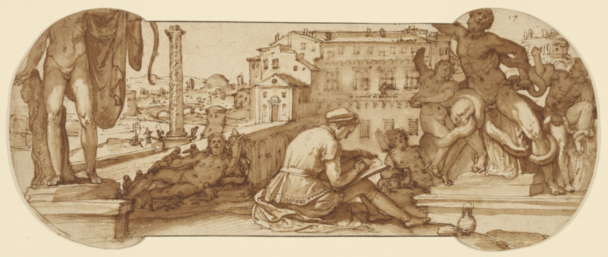 Federico Zuccaro, Taddeo in the Belvedere Court in the Vatican Drawing the Laocoön, c. 1595, pen and brown ink, brush with brown wash, over black chalk and touches of red chalk, 17.5 x 42.5 cm (The J. Paul Getty Museum)