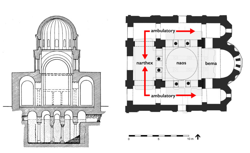 Ambulatory plan, Theotokos Pammakaristos (Fethiye Mosque), hypothetical elevation and plan of the twelfth-century church and its cistern (shown in gray on the plan), Constantinople (Istanbul) (adapted from plan © Robert Ousterhout)