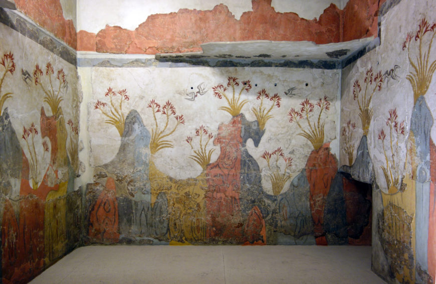 "Spring fresco," Building Complex Delta, room delta 2, west wall from Akrotiri, Thera (Santorini), Greece, 16th century B.C.E. (National Archaeological Museum, Athens)