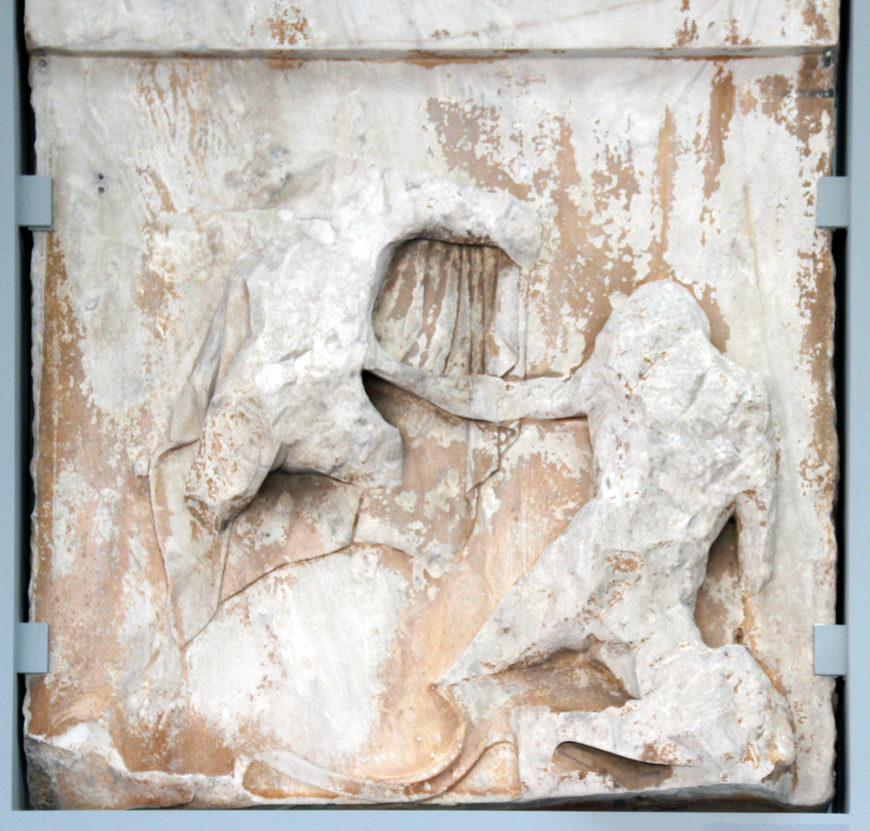 Metope from the east side of the Parthenon showing the battle of men and Amazons, heavily cut down in by early Christians