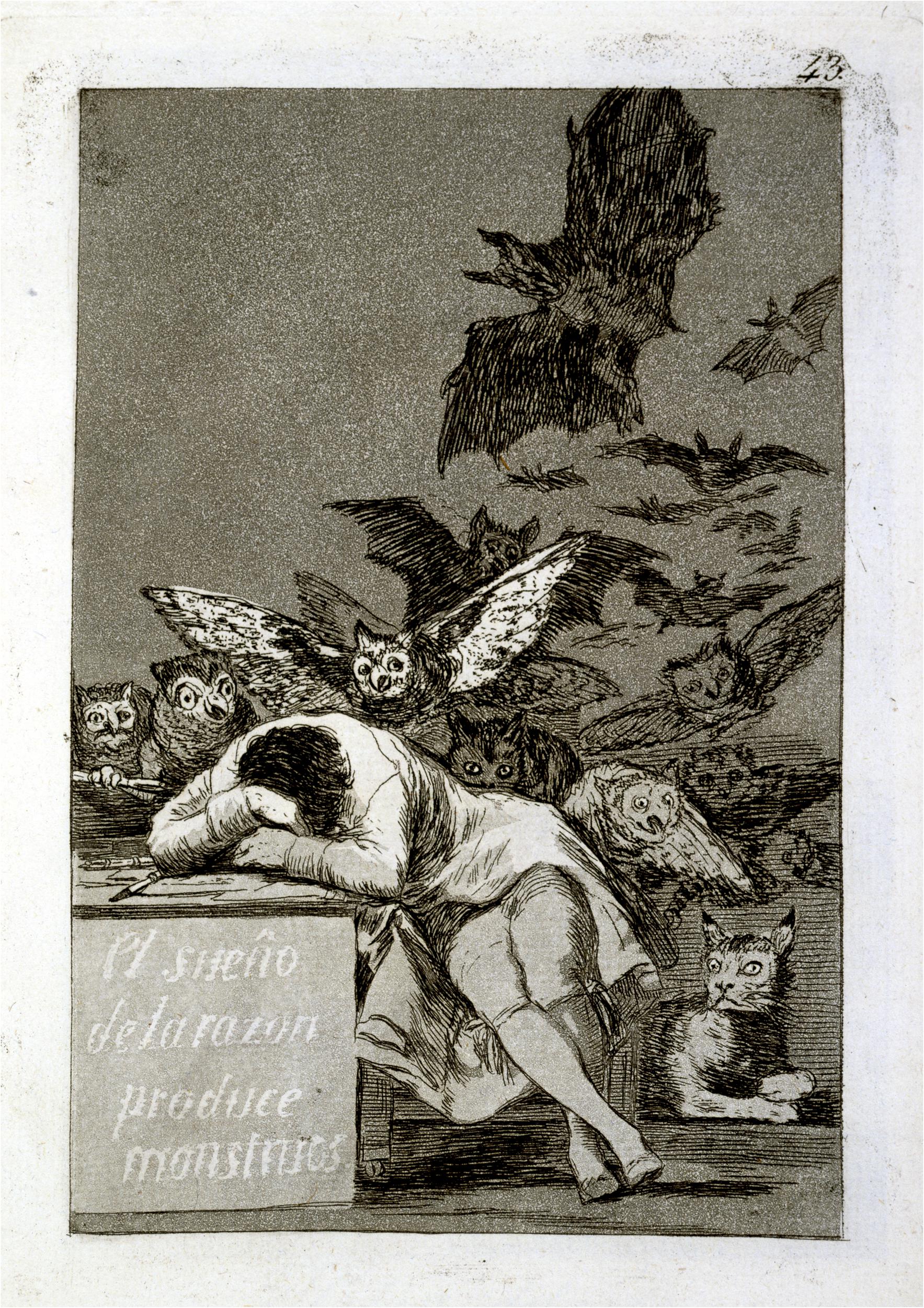 Francisco de Goya, Los Caprichos: The Sleep of Reason Produces Monsters, 1799, etching and aquatint, 21.2 x 15.0 cm (British Museum, London)