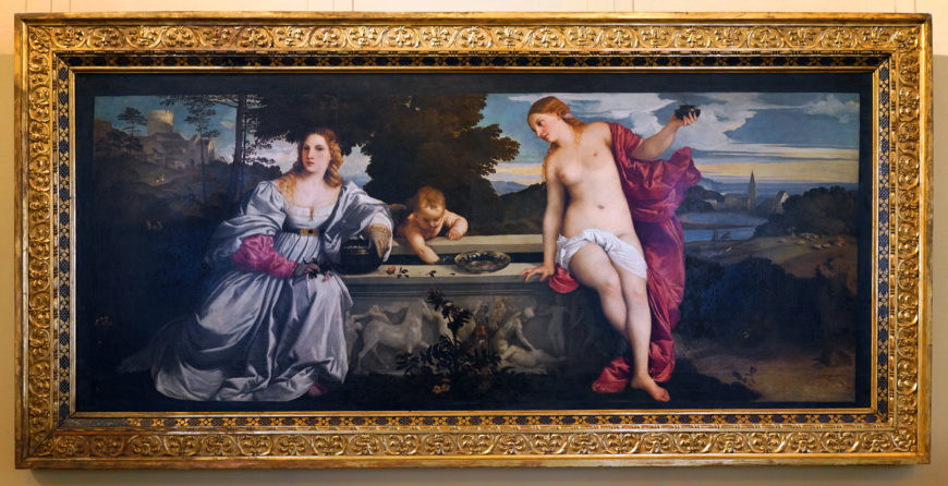 Amor Tiziano, Sagrado y Profano, 1514, óleo sobre lienzo, 118 x 279 cm (Galleria Borghese)