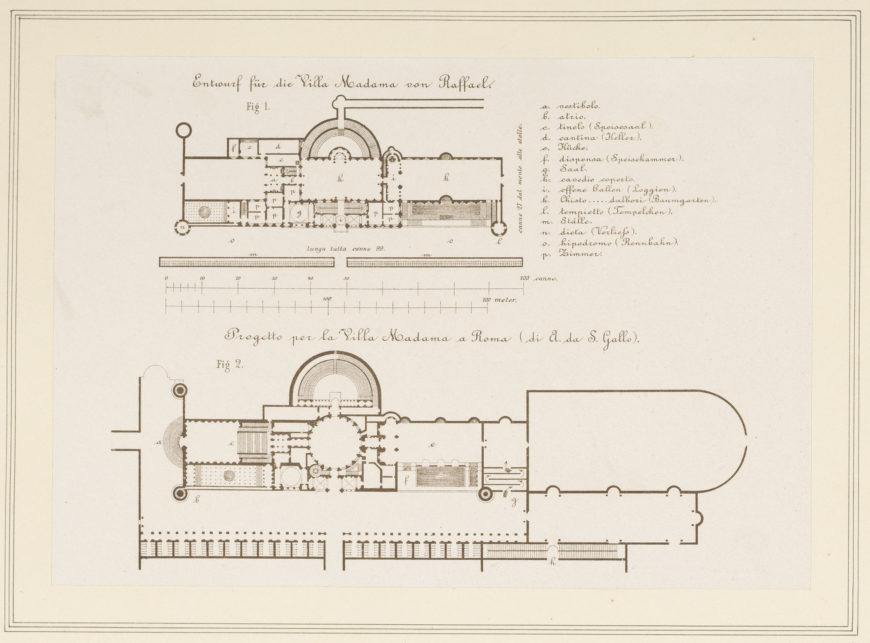 Plans of Villa Madama, after the original plan drawing in the Uffizi Galleries, Florence. Rudolph Redtenbacher, lithograph, published 1876, 18.7 x 26.9 cm (Prince Albert Royal Collections)