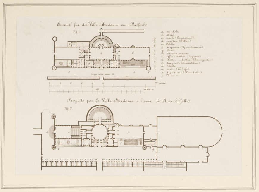 Planos de Villa Madama, después del dibujo plano original en las Galerías Uffizi, Florencia. Rudolph Redtenbacher, litografía, publicada 1876, 18.7 x 26.9 cm (Colecciones Reales del Príncipe Alberto)