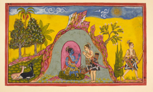 Rāma and Lakṣmaṇa on mount Prasravaṇa, from the Mewar Rāmāyaṇa, 1649–1652 (British Library)
