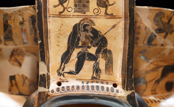 Ajax carrying the body of Achilles. Kleitias (painter) and Ergotimos (potter), François Vase (volute-krater), mid 6th century B.C.E., Attic black-figure (made in Athens), 66 cm (Museo Archeologico, Florence)