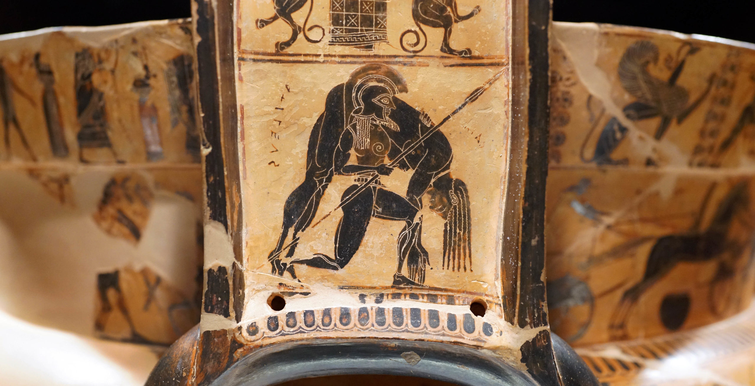 Ajax carrying the body of Achilles. Kleitias (painter) and Ergotimos (potter), François Vase (volute-krater), mid 6th century B.C.E., Attic black-figure (made in Athens), 66 cm (Museo Archeologico, Florence)