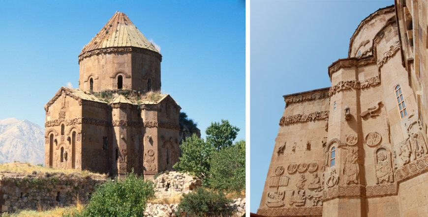 Church of the Holy Cross, decorated with external sculpture, Ahtamar, Armenia (modern Turkey), 915-21, (left photo: Tom Klobe, CC BY-NC 2.0; right photo: Arne Schöllhorn, CC BY 2.0)