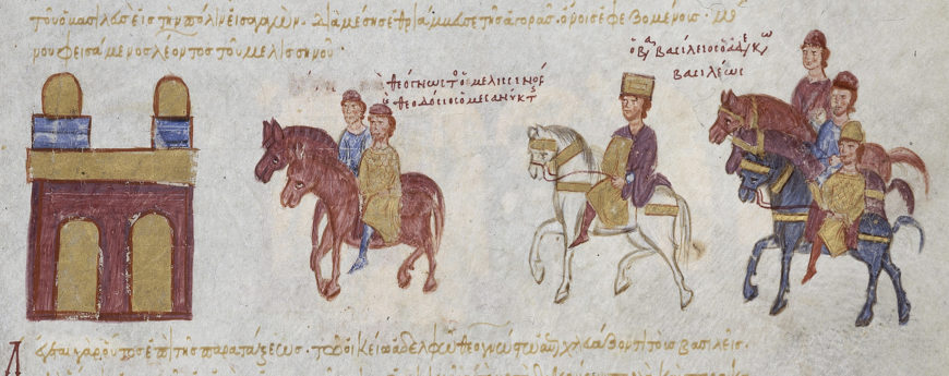 Triumph of Emperor Basil II in the Madrid Skylitzes, between 1126 and 1150? (Biblioteca Nacional de España, Vitro. 26-2, fol. 183r)