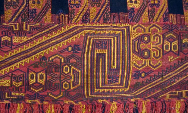 Paracas, detail of Linear Style embroidered mantle with felines and Oculate Being, 100 B.C.E.- 600 C.E., cotton, camelid fiber, 100 x 42 15/16 in. (254.0 x 109.0 cm). Brooklyn Museum