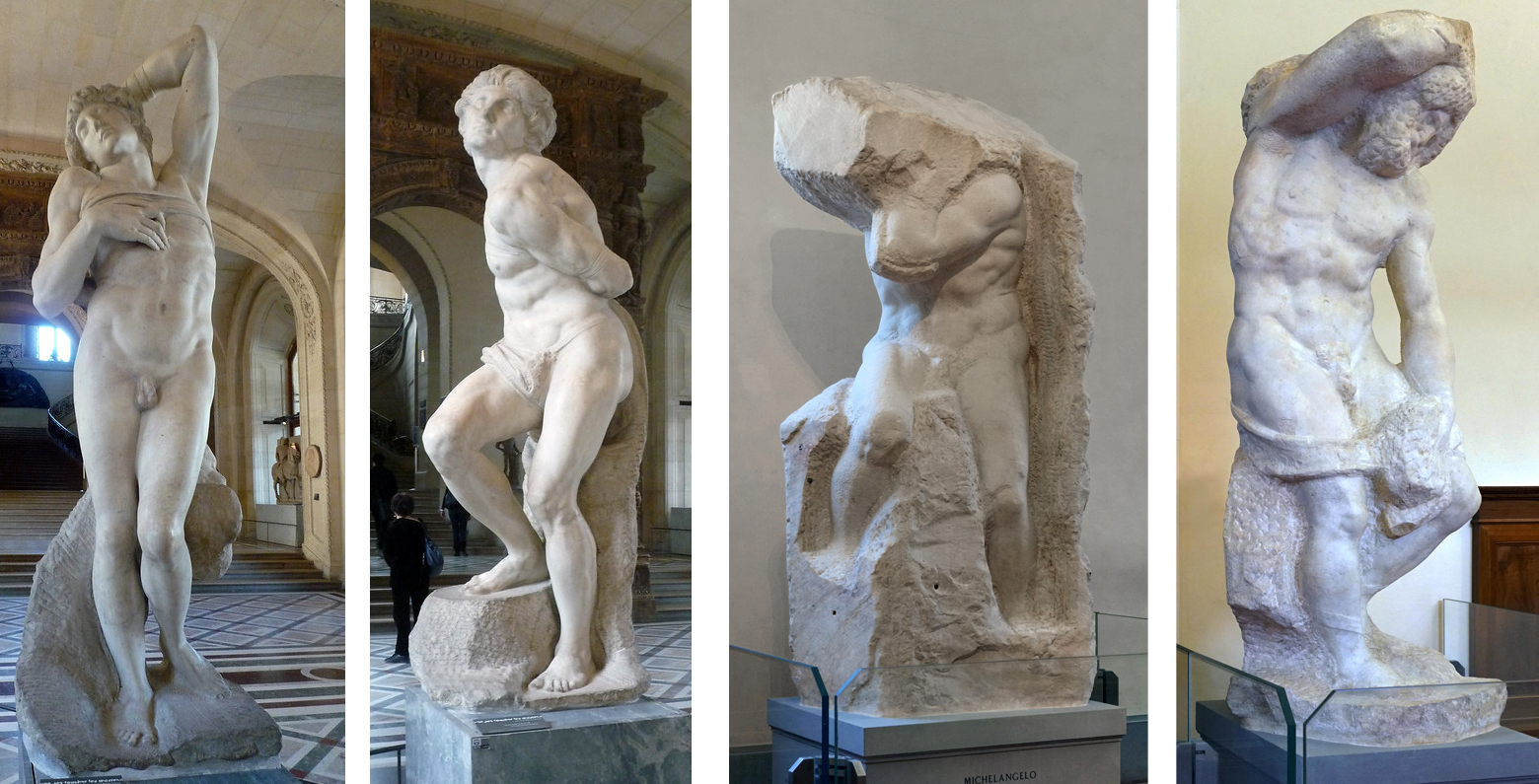 From left to right: Michelangelo, Slaves (commonly referred to as the Dying Slave and the Rebellious Slave), 1513-15, marble, 2.09 m high (Musée du Louvre, Paris, photo: Steven Zucker, CC BY-NC-SA 2.0); Captives (commonly referred to as the Atlas Captive and the Bearded Captive), c. 1530-34, marble, 2.77 m and 2.63 m high (Galleria dell’Accademia, Florence, photo: Steven Zucker, CC BY-NC-SA 2.0)