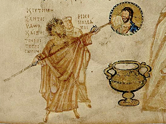 Khludov Psalter (detail), 9th century. The image represents the Iconoclast theologian, John the Grammarian, and an iconoclast bishop destroying an image of Christ. (State Historical Museum, Moscow)