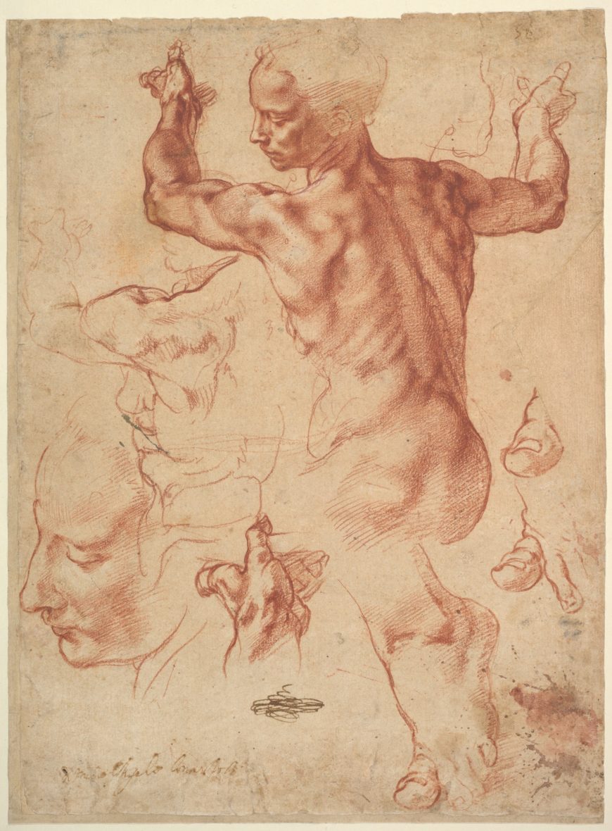 Michelangelo Buonarroti, Studies for the Libyan Sibyl (recto), c. 1510–11, red chalk, with small accents of white chalk on the left shoulder of the figure in the main study, 28.9 × 21.4 cm (The Metropolitan Museum of Art)