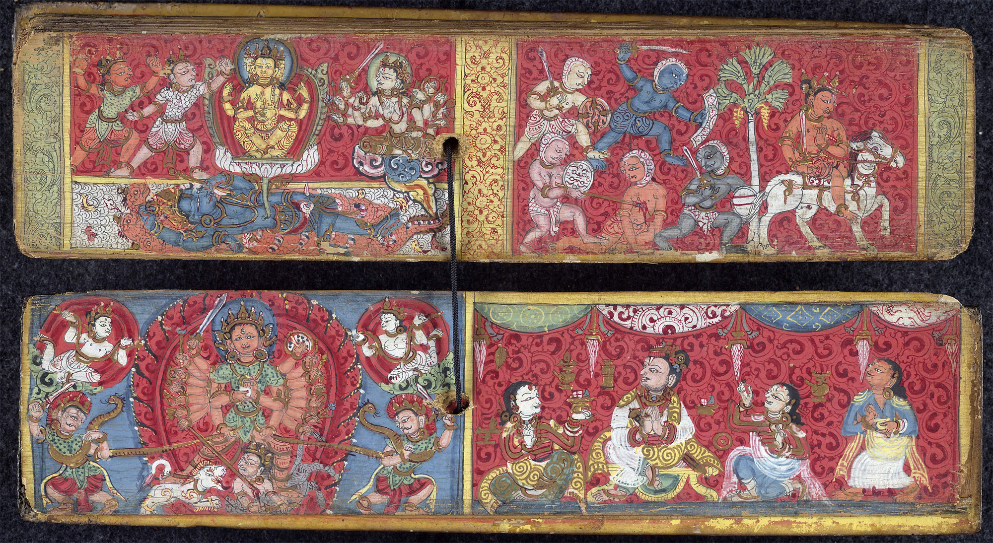 Upper folio left: the god Brahmā asking Devī to wake the reclining Vishnu from his slumber so that he may kill the demons Madhu and Kaitabha. Upper folio right: King Suratha after being deposed retires to the forest where he becomes a fervent devotee of the Goddess. Lower folio left: the Goddess. Lower folio right, the patron and his family, from the Devi Mahatmya, 16th century (British Library)