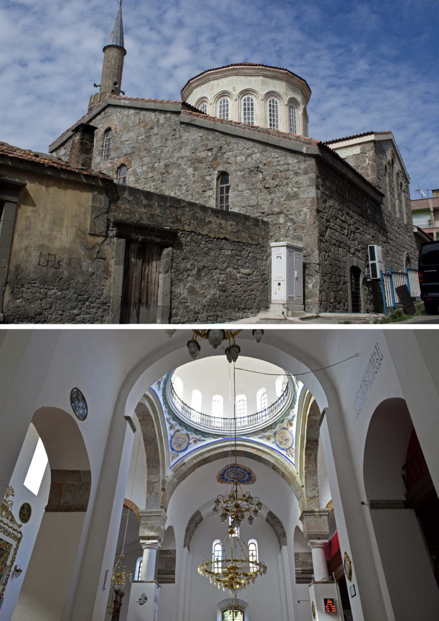 Exterior and interior views of St. Eugenios (Yeni Cuma Mosque), 11th century, remodeled 13th and 14th centuries, Trebizond (Trabzon) (top photo: NeoRetro, CC BY-SA 3.0; bottom photo: © The Byzantine Legacy)