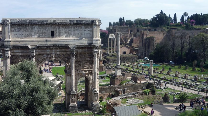 View of the Roman Forum, with the Arch of Septimius Severus, left, and the Column of Phocas at center