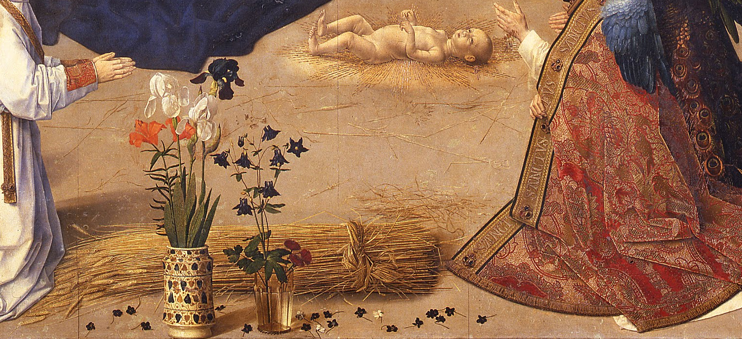 Hugo van der Goes, Portinari Altarpiece, detail of center panel foreground, c. 1476, oil on wood, 274 x 652 cm when open (Uffizi)