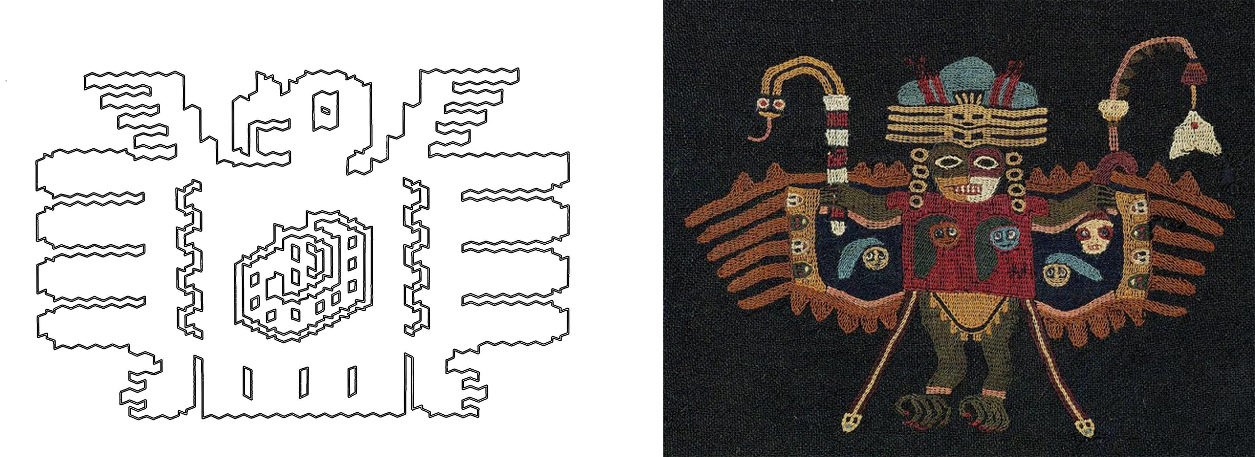 Left: Design from a Huaca Prieta textile showing a condor with a serpent or fish in its stomach (redrawn from Bird, 1963); Right: Detail, Man's mantle and two border fragments, Paracas, 50–100 C.E., wool plain weave, embroidered with wool, 101 x 244.3 cm (Museum of Fine Arts, Boston)