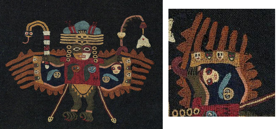 Detail showing feather/heads, Man's mantle and two border fragments, Paracas, 50–100 C.E., wool plain weave, embroidered with wool, 101 x 244.3 cm (Museum of Fine Arts, Boston)