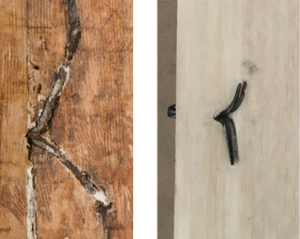 Splayed hinges on the back of the original triptych (left) and reconstruction (right). Photographs by author