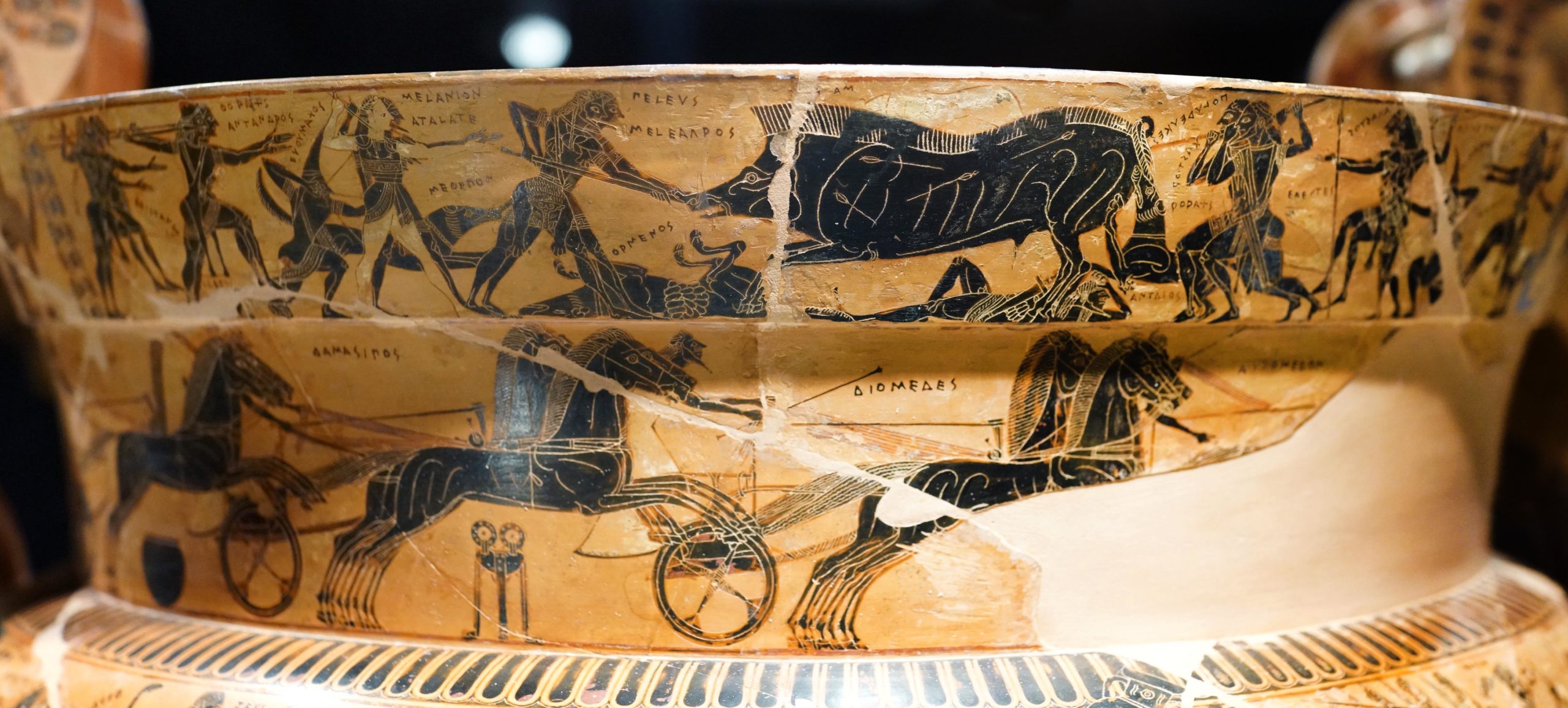 Calydonian Boar Hunt and chariot race below. Kleitias (painter) and Ergotimos (potter), François Vase (volute-krater), mid 6th century B.C.E., Attic black-figure (made in Athens), 66 cm (Museo Archeologico, Florence)