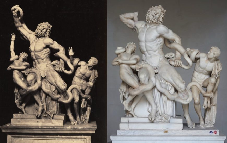 Left: Photograph of the Laocoon with reconstructed arm, James Anderson, Laocoon, c. 1845–55, albumen silver print, 39 x 29.5 cm (The J. Paul Getty Museum); right: Laocoon in the Vatican Museums today. Athanadoros, Hagesandros, and Polydoros of Rhodes, Laocoön and his Sons, early first century C.E., marble, 7’10 1/2″ high (Vatican Museums)
