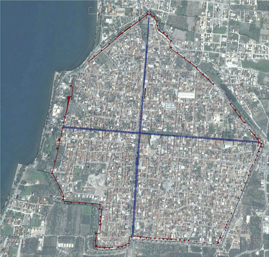 Map of İznik showing the walls, cardo, and decumanus of Nicaea (adapted from Google earth in 10.10.2017) (Arzu Ispalar Çahantimur and Gözde Kırlı Özer, "Space and Time Travelers Exploring Cultural Identity of the City," CC BY 3.0)