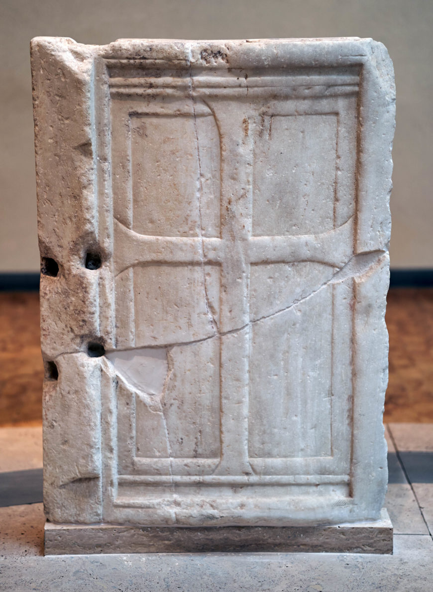Marble closure slab with relief cross, from the pulpit of the Christian Parthenon. 5th–6th century (Byzantine and Christian Museum, Athens)