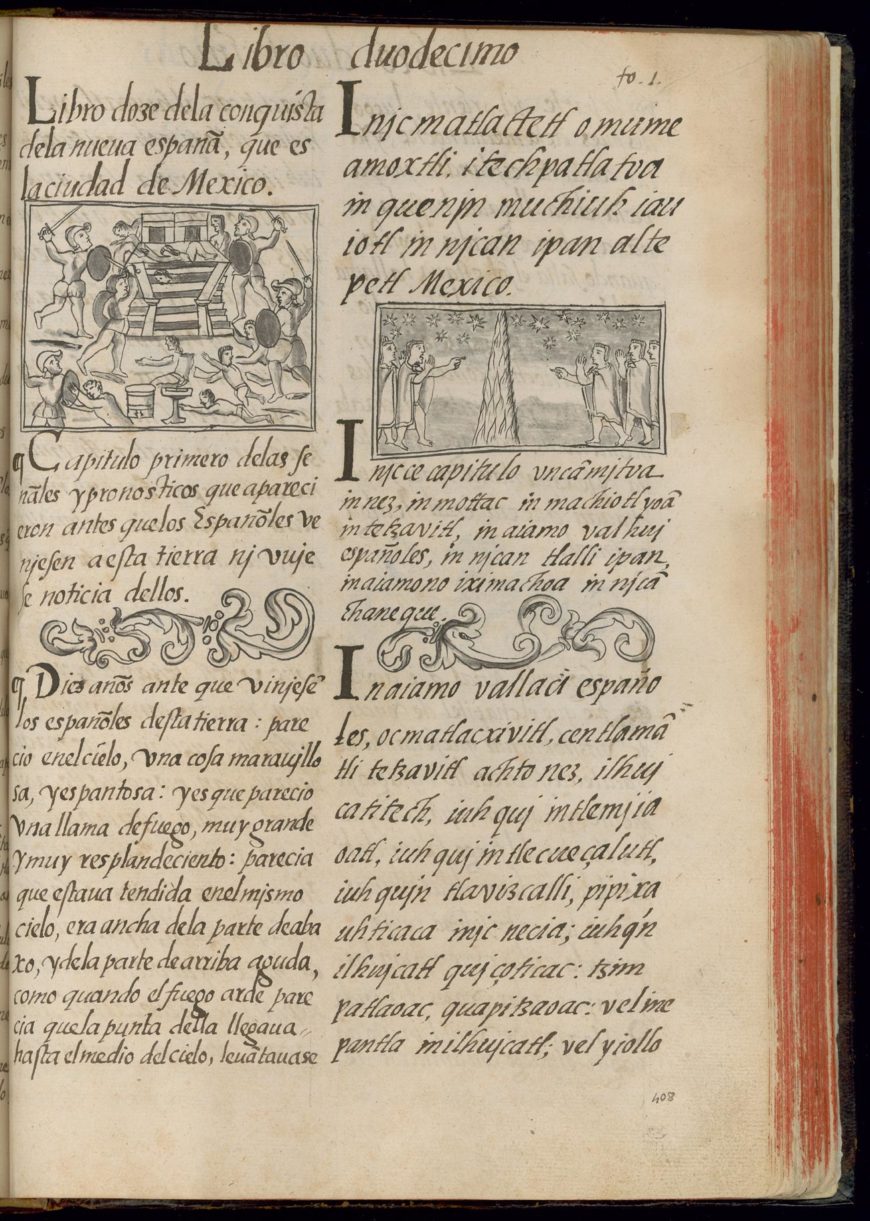 Primera página del Libro 12 del Códice Florentino (“De la Conquista de la Nueva España”) que muestra la Masacre de Toxcatl y una segunda ilustración de los augurios que predicen la llegada de los españoles. Señorita Mediceo Palatino 220, 1577, fol. 1. Cortesía de la Biblioteca Medicea Laurenziana, Florencia, y con permiso de MiBact