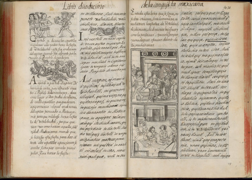 Los españoles ordenan a los mexicas preparar el festival Toxcatl y practicantes rituales femeninos preparando masa de amaranto que se convertirá en una encarnación de la deidad Huitzilopochtli para el festival Toxcatl mientras soldados españoles observan su trabajo, Libro 12 del Códice florentino (“De la conquista de la Nueva España”). Dña. Mediceo Palatino 220, 1577, fols. 29v y 30. Cortesía de la Biblioteca Medicea Laurenziana, Florencia, y con permiso de MiBact