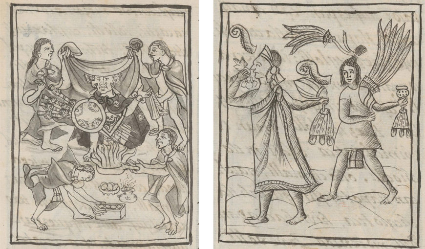 Unveiling of the amaranth-dough incarnation of Huitzilopochtli and richly dressed leaders dancing and singing during the Toxcatl festival, Book 12 of the Florentine Codex (“Of the Conquest of New Spain”). Ms. Mediceo Palatino 220, 1577, fol. 31v (details). Courtesy of the Biblioteca Medicea Laurenziana, Florence, and by permission of MiBACT